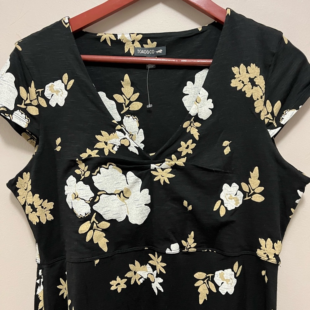Toad&Co | AMELIA SHORT SLEEVE DRESS BLACK FLOWER PRINT  women’s L - Picture 5 of 12